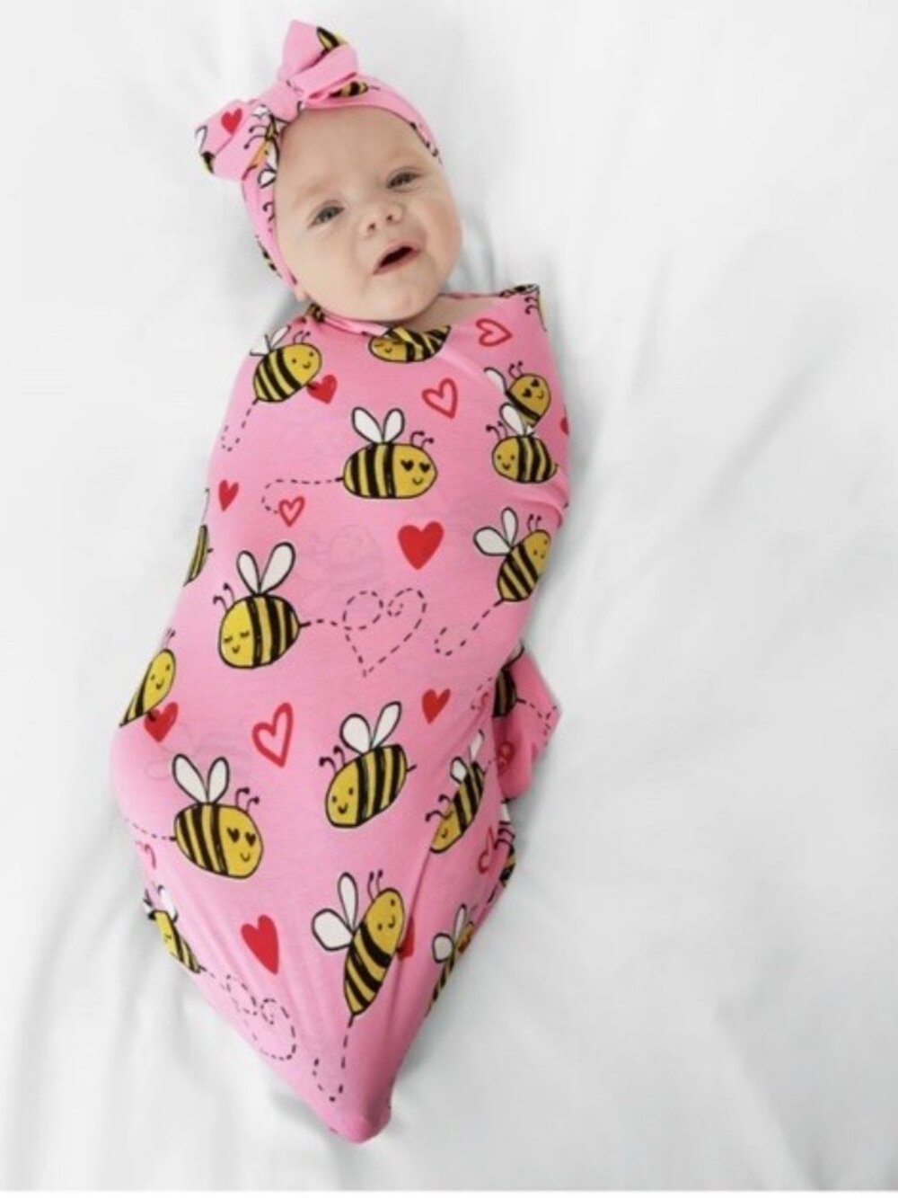 NIB Little Sleepies Pink Bee Mine Swaddle & Luxe Bow Headband  Photo Prop Hearts